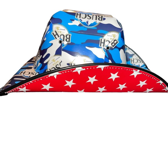NWT Busch Beer Patriotic Cowboy Hat Cardboard Advertising Hat Res White Blue